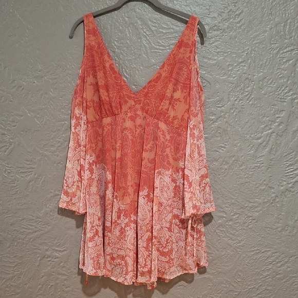 Free People Women's Coral and White Paisley Long Sleeve Dress Size M - Picture 2 of 11